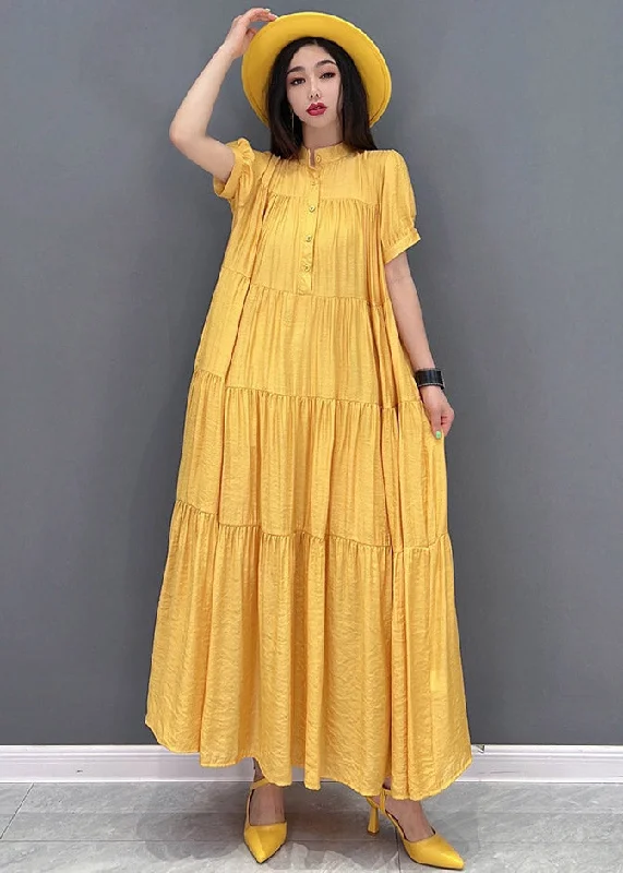 Lowest Price summer floral dressCasual Yellow Stand Collar Patchwork Button Maxi Dresses Short Sleeve
