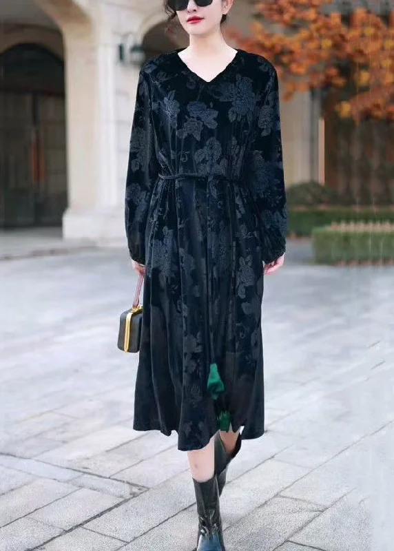 casual evening dressBlack Side Open Silk Velvet Long Dress V Neck Winter