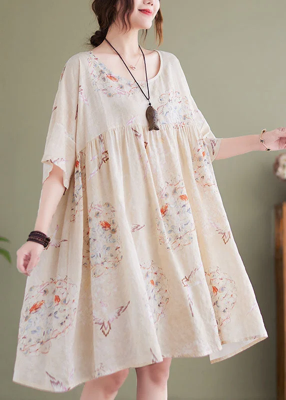 puff sleeve dressPlus Size Beige O-Neck Wrinkled Print Cotton Mid Dress Short Sleeve