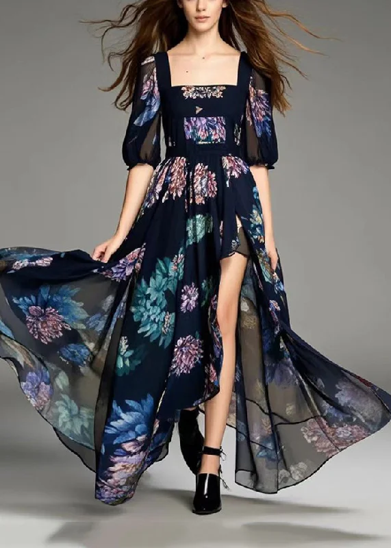 winter dressBeautiful Black Print Asymmetrical Design Chiffon Dress Summer