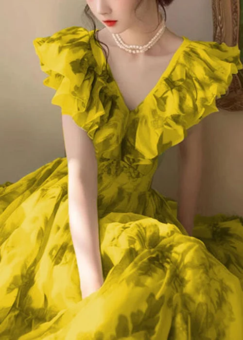 Inventory Reduction relaxed fit dressNovelty Yellow V Neck Print High Waist Dresses Sleeveless