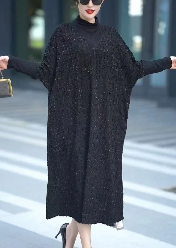 one-shoulder dressLoose Black Turtleneck Solid Cashmere Maxi Dresses Batwing Sleeve