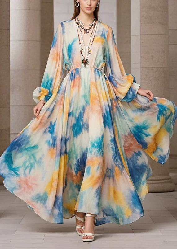 The Best Prices evening dressWomen Beige Tie Dye Exra Large Hem Chiffon Maxi Dress Fall