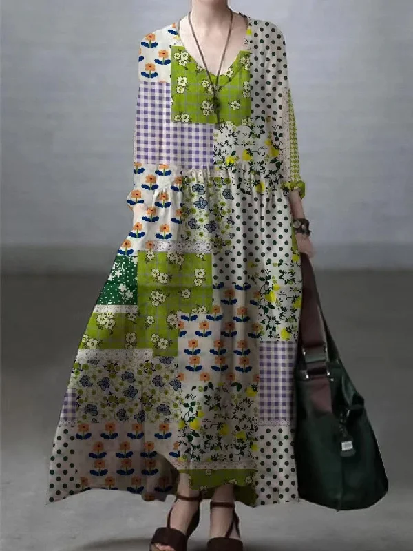 Stock Clearance summer dressFloral-Green Simple and Loose V-neck Cotton and Linen Dress