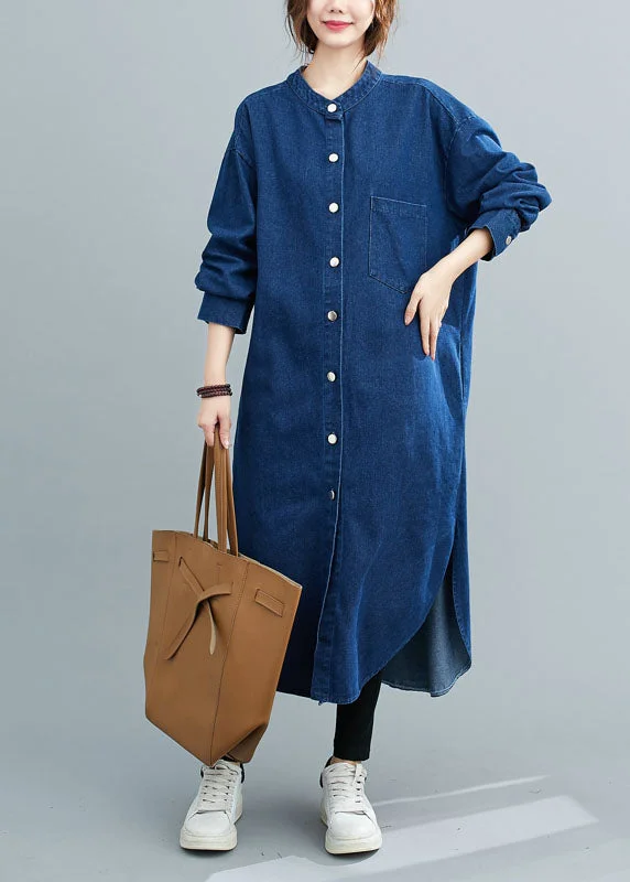 Online Only casual shift dressSimple Denim Blue Stand Collar Oversized Side Open Cotton Shirt Dresses Spring