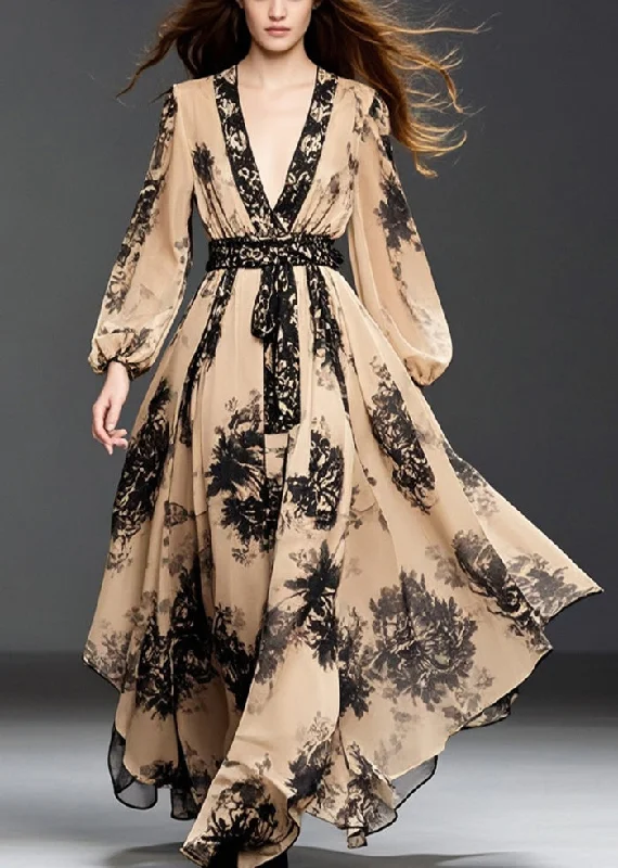 casual evening dressHandmade Khaki Cinched Print Chiffon Long Dresses Spring