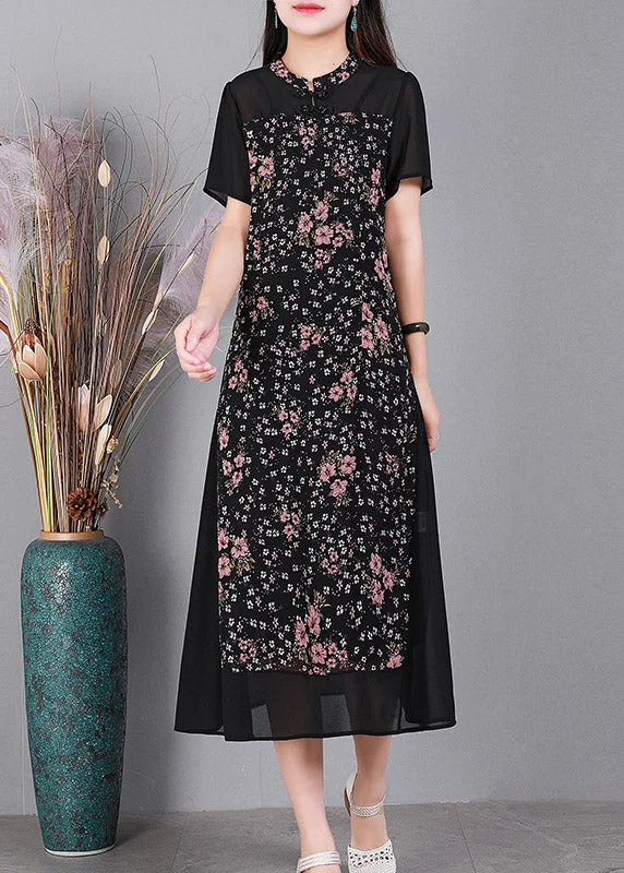 Online Only stylish dressUnique Black O-Neck Print Button Tulle Long Dress Short Sleeve