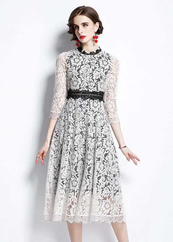 Markdowns sleek dressWomen White O-Neck Patchwork Lace Party Dress Bracelet Sleeve