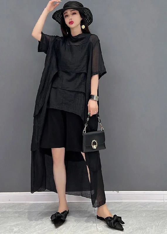 One-DAY Sale casual midi dressStylish Black O-Neck Patchwork Dress Short Sleeve