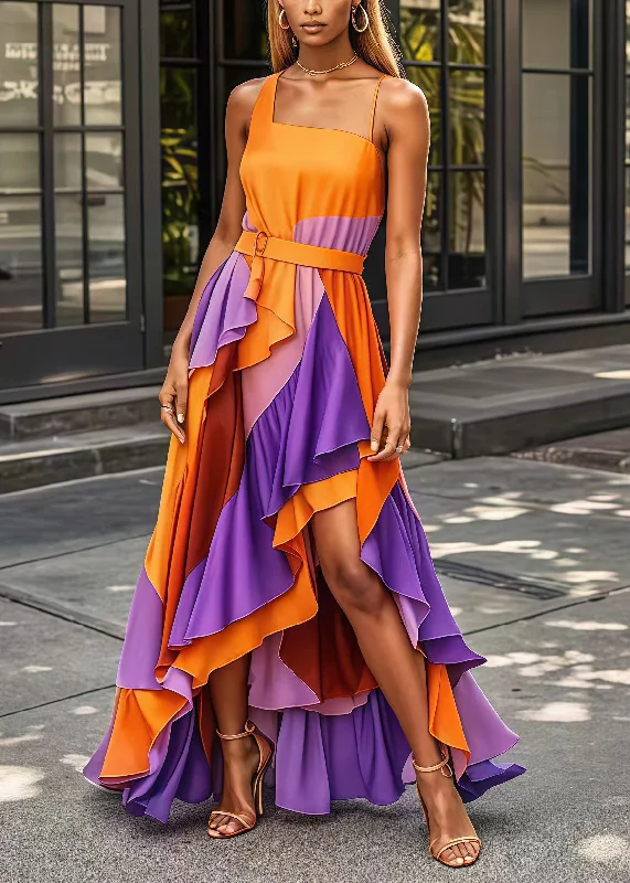 evening dressCasual Orange Asymmetrical Patchwork Exra Large Hem Silk Long Dress Summer