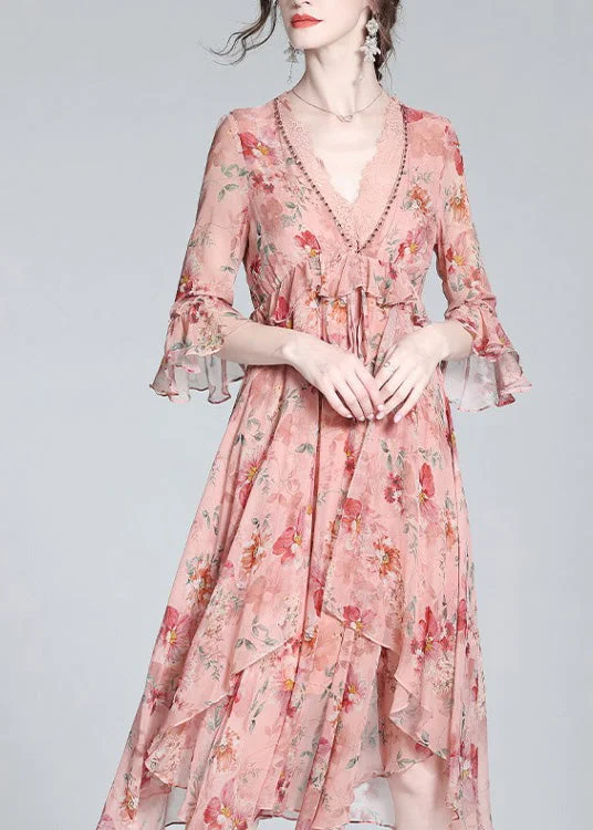 Members Only high-waisted dressCasual Pink V Neck Print Tie Waist Silk Long Dresses Spring