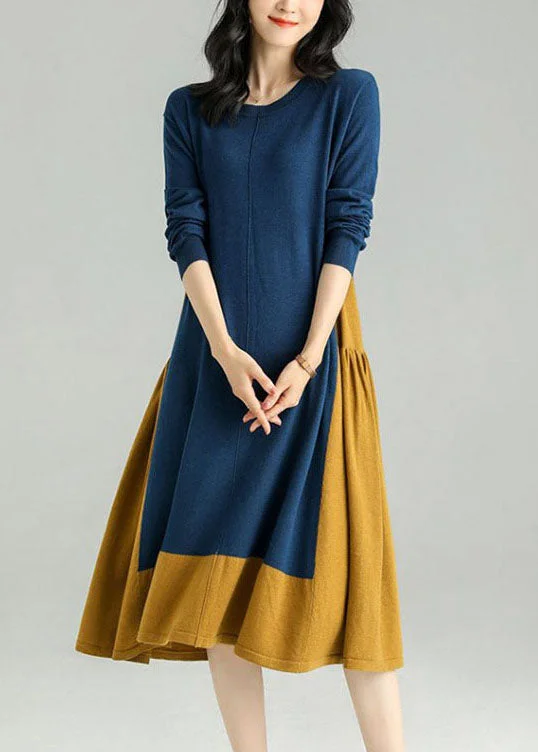 YEAR-End Sale backless dressChic Colorblock O Neck Patchwor kwrinkled Knit Dress Spring