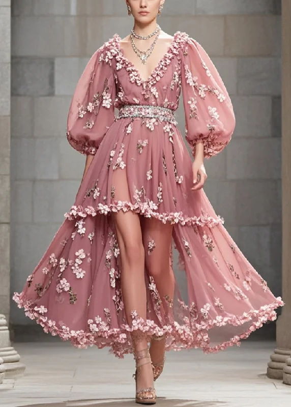 Discount Extravaganza backless dressBeautiful Rubber Red Puff Sleeve Three-dimensional Floral Chiffon Cinched Dress