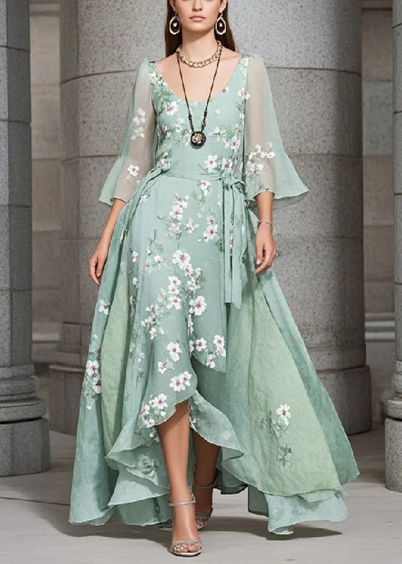 Midnight Madness stylish dressBohemian Green Asymmetrical Print Exra Large Hem Chiffon Holiday Dress Summer