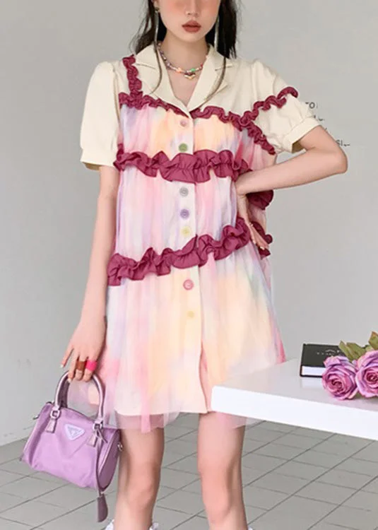 wrap-around dressFashion Turtleneck Patchwork Ruffled Button Tulle Shirts Dresses Summer