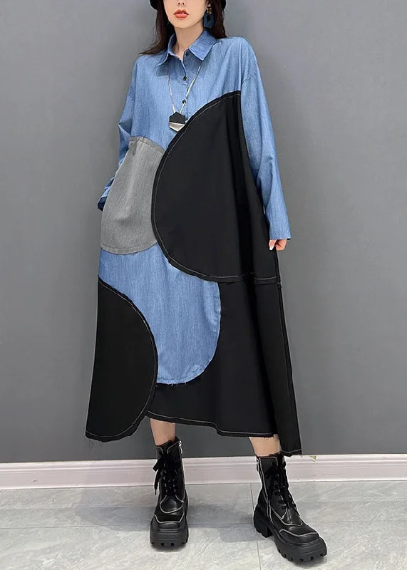 Daily Deals wrap dressPlus Size Blue Black Patchwork Asymmetrical Design Cotton Loose Dress Fall Daily Deals wrap dressPlus Size Blue Black Patchwork Asymmetrical Design Cotton Loose Dress Fall