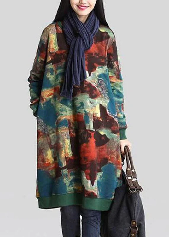 floral midi dressFrench Green O-Neck Print Warm Fleece Sweatshirts Dress Winter