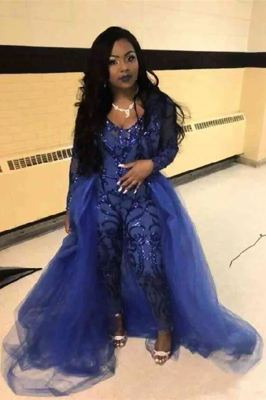 Buy Now Special Style Long Sleevess Scoop Jumpsuit With Detachable Tulle Skirt Royal Blue Party Gowns