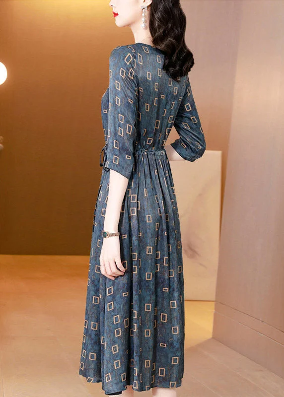 Today Only sophisticated dressVogue Blue O-Neck Plaid Drawstring Tie Waist Silk Party Dress Half Sleeve