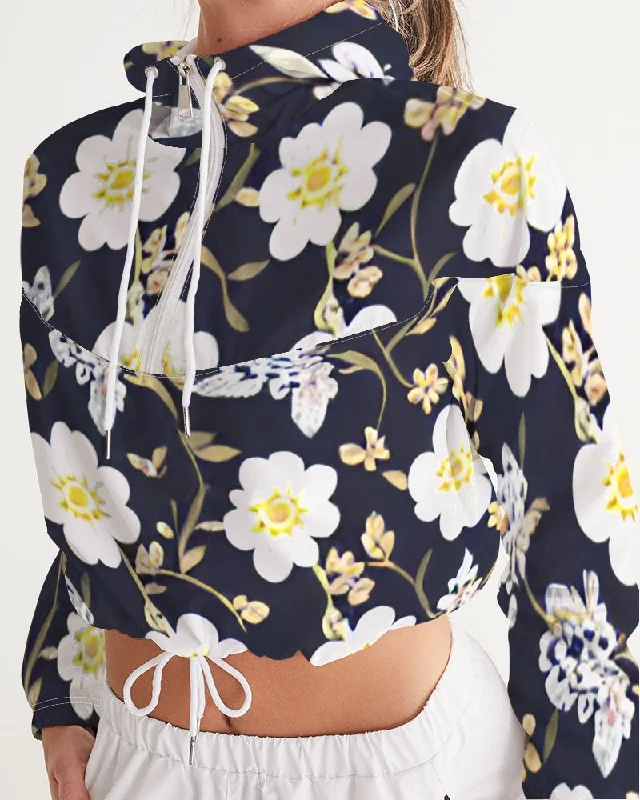 Best Bargains Pink flower black background Women's All-Over Print Cropped Windbreaker