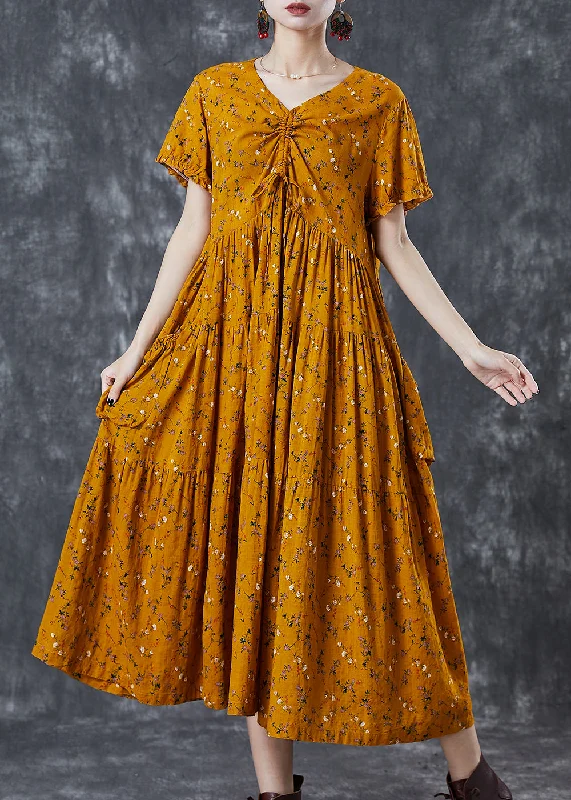 Epic Deals chic wrap dressBohemian Yellow Cinched Print Cotton Dress Summer