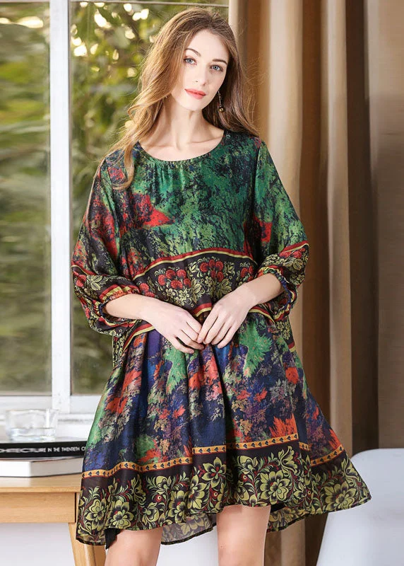 lace dressClassy Green Oversized Tie Dye Silk Mid Dress Lantern Sleeve