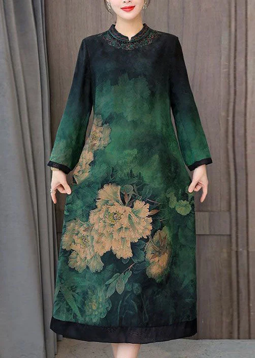 Limited Time ashionable dressGreen Patchwork Silk Chinese Style Dress Stand Collar Fall Limited Time ashionable dressGreen Patchwork Silk Chinese Style Dress Stand Collar Fall