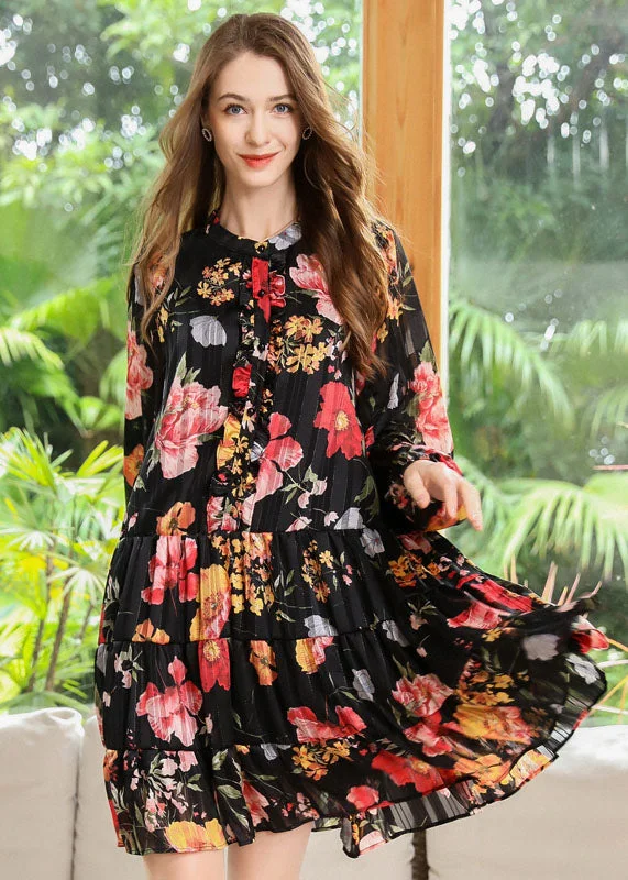 formal dressWomen Black Stand Collar Patchwork Print Chiffon Pleated Dresses Spring