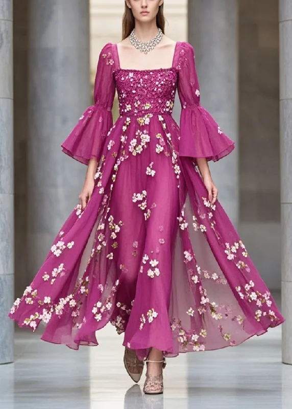 Final Markdown casual day dressSilm Fit Purple Square Collar Print Chiffon Maxi Dresses Summer
