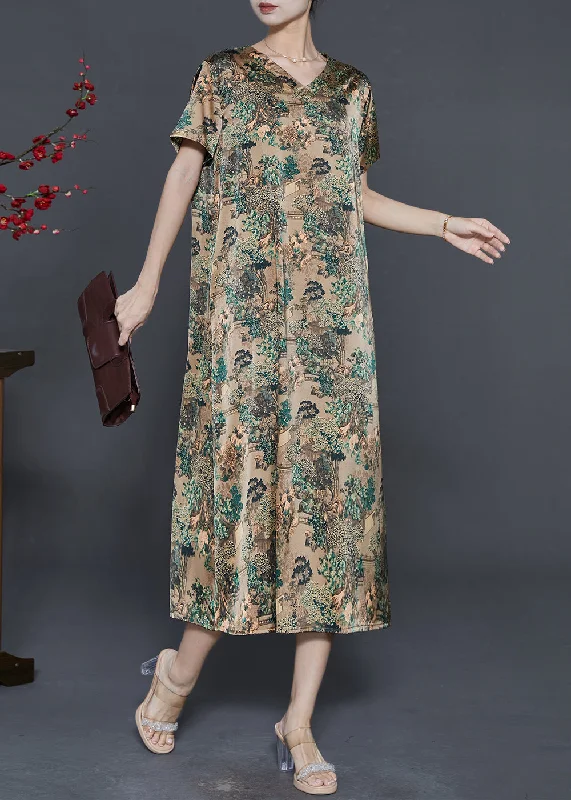 stylish dressNatural Green V Neck Print Silk Vacation Dresses Summer