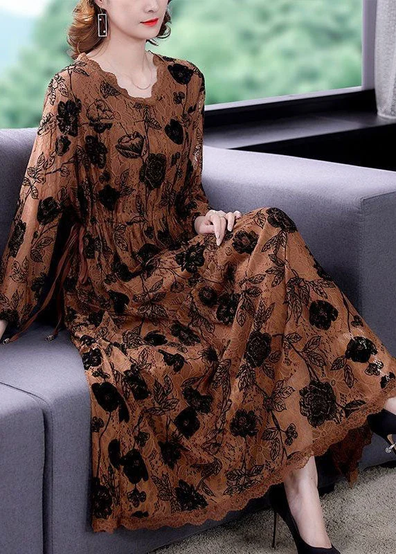 Special Offer backless dressElegant Chocolate Cinched Print Lace Long Dresses Spring