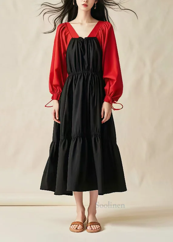 Price Break chic slip dressBlack Patchwork Cotton Party Dress Drawstring Spring