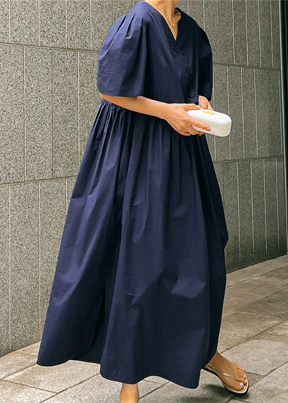 Deal Frenzy stylish dressLoose Navy V Neck Wrinkled Button Cotton Maxi Dresses Short Sleeve