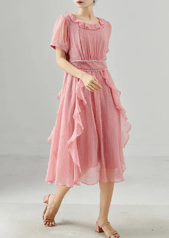 Members Only A-line dressStyle Pink Ruffles Elastic Waist Chiffon Dresses Summer
