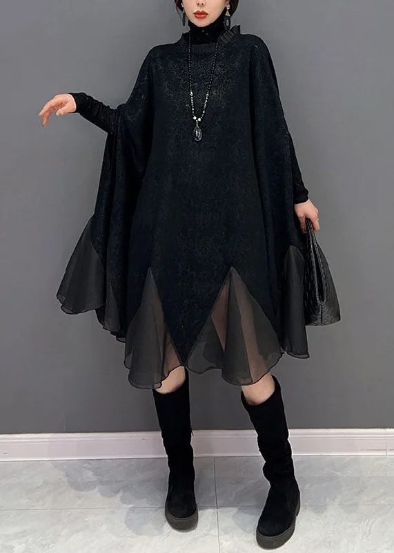 evening dressPlus Size Black Ruffled Patchwork Organza Dress Batwing Sleeve