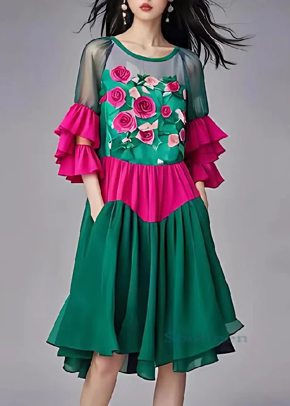 Markdown Madness tiered dressFashion Green Print Tulle Patchwork Chiffon Mid Dress Butterfly Sleeve