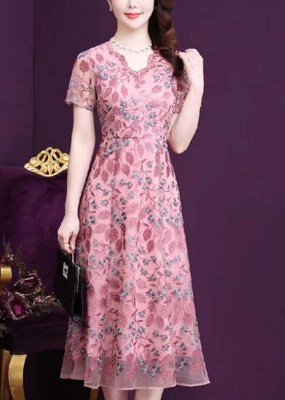 Shop and Save chic wrap dressNatural Pink Original Design V Neck Embroideried Silk Cinch Party Dress Short Sleeve