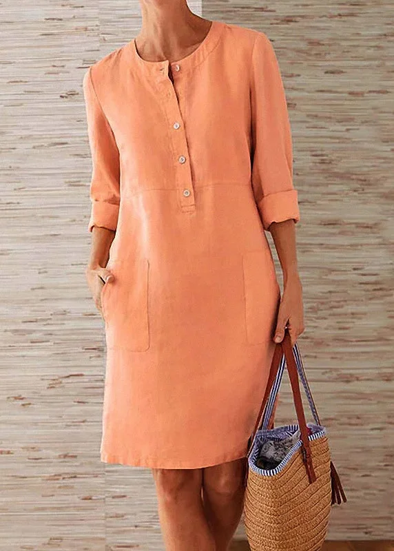 bodycon dressWomen Orange O Neck Pockets Cotton Dress Fall