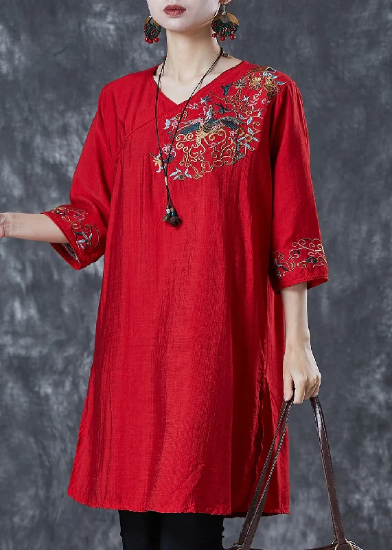Best Seller stylish dressWomen Red Embroidered Linen Mid Dresses Summer