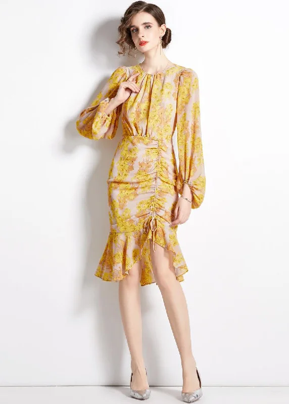 luxury dressUnique Yellow Cinched Print Chiffon Fishtail Dresses Lantern Sleeve