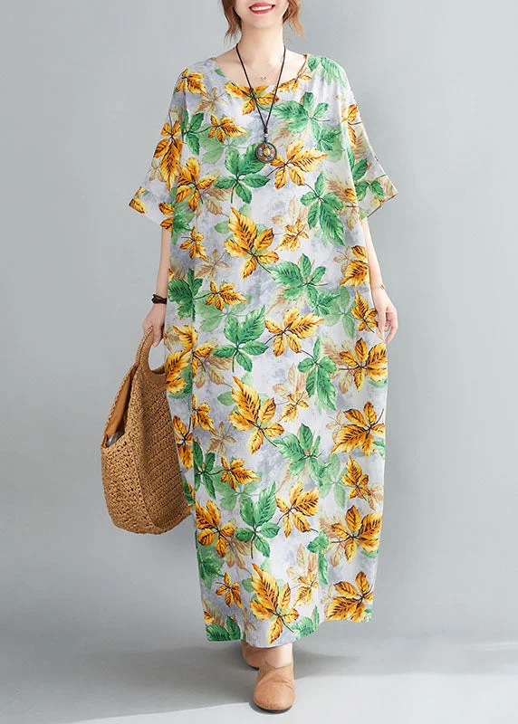 Value Deals printed dressBohemian Yellow Green O-Neck Leaf Print Cotton Long Dress Short Sleeve