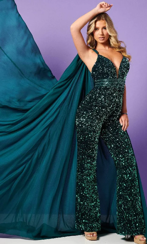 Act Now Rachel Allan 50202 - Sleeveless Sequin Jumpsuit With Cape
