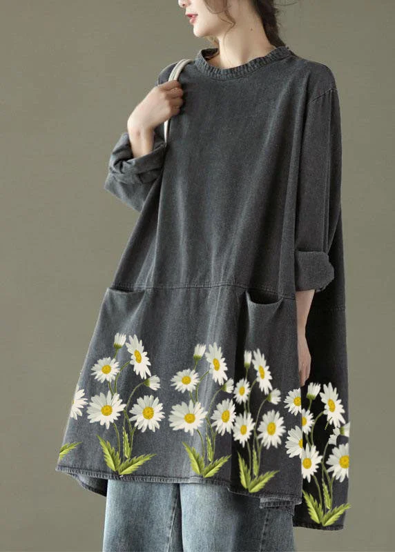 chic dressBoho Black Grey-yellow flower O-Neck Pockets Denim Long Dresses Long Sleeve