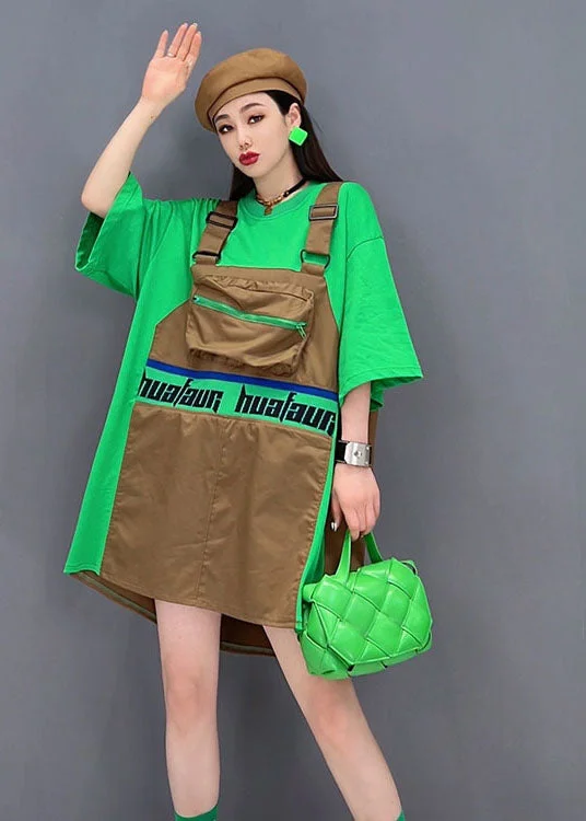 sleek dressChic Green O-Neck Patchwork Cotton Fake Two Piece Strap Dress Short Sleeve