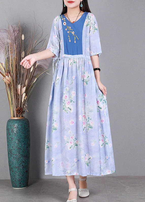 Instant Discount long-sleeve floral dressVogue Blue V Neck Embroideried Print Patchwork Silk Holiday Dress Short Sleeve