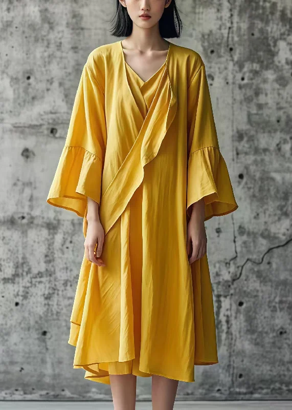 Crazy Deals summer dressElegant Yellow Asymmetrical Cotton Day Dress Fall