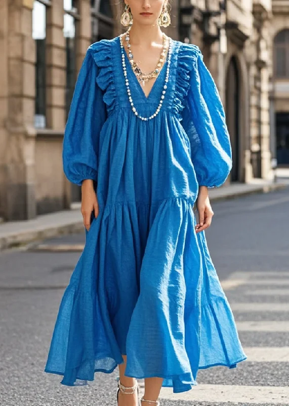 puff sleeve dressArt Blue V Neck Ruffled Cotton Vacation Dress Spring