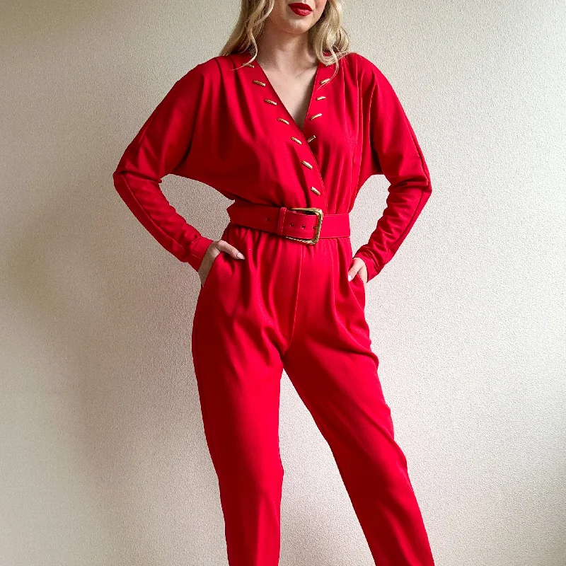 Limited Quantity 1980s Bright Red and Gold Belted Jumpsuit (M/L)