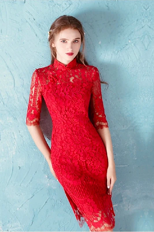 floral midi dressRed Lace Qipao Dress