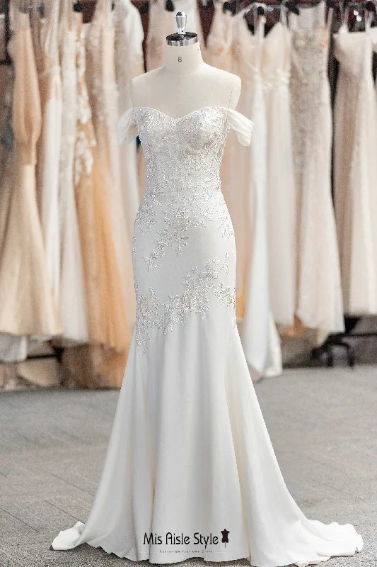 Can't Miss trendy wrap dressFit and Flare Off Shoulder Sleeve Cream Wedding Dress